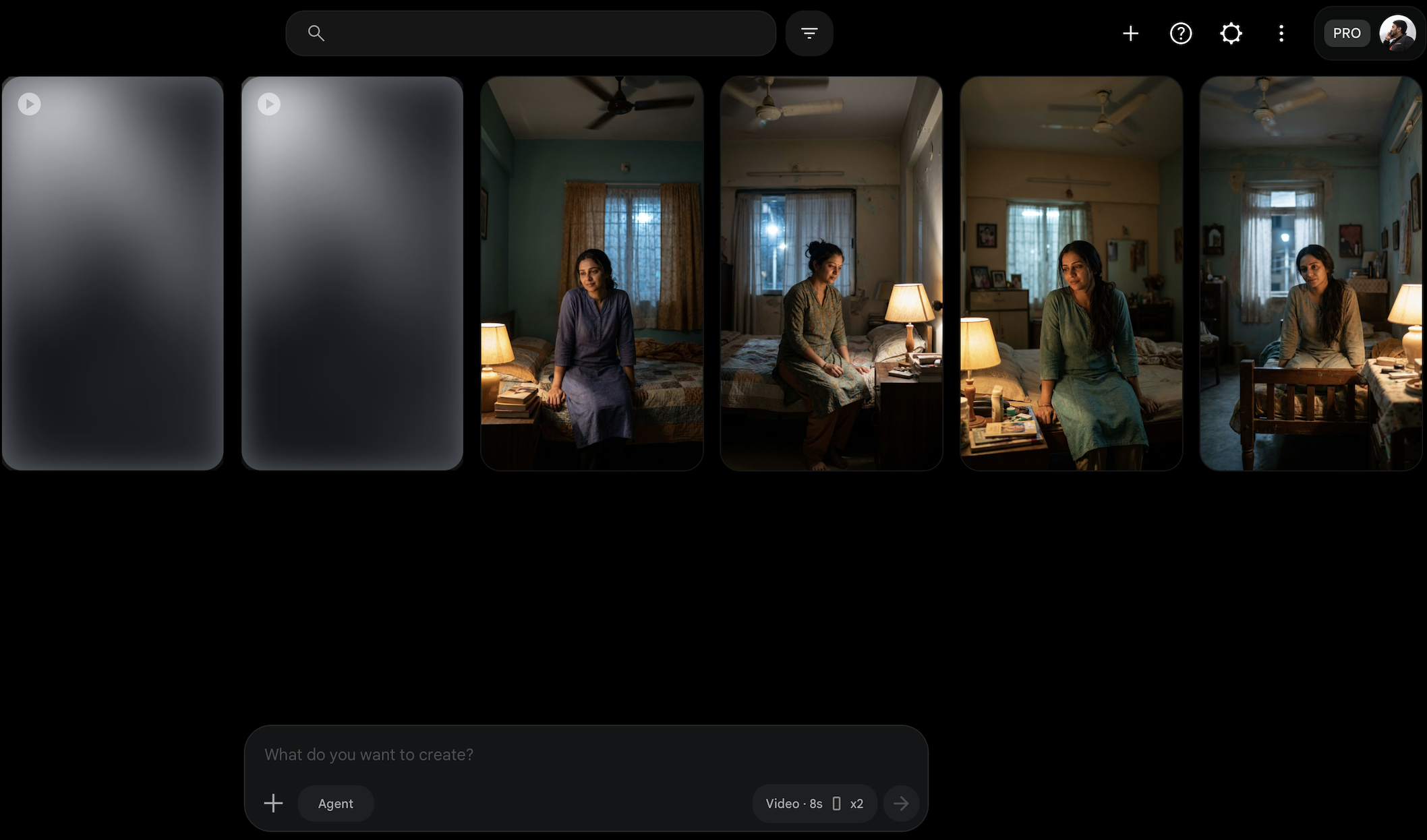 Google Flow reference image grid — candidate rooms generated for the visual scaffold